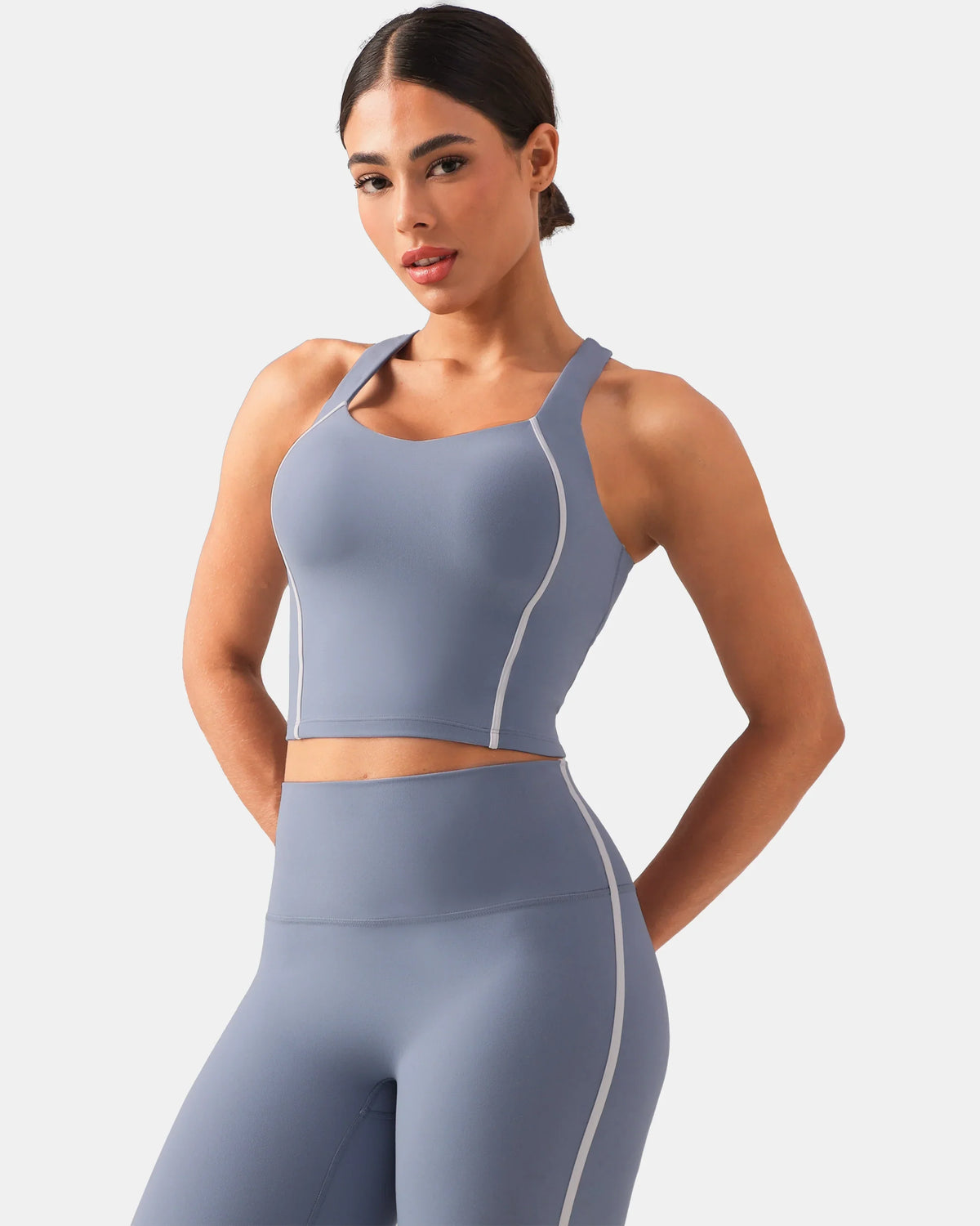Dreamlux® Cropped Racerback Tank Top w/ Contrast Stripes — Chambray
