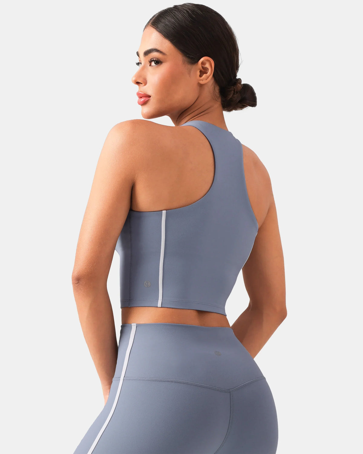 Dreamlux® Cropped Racerback Tank Top w/ Contrast Stripes — Chambray