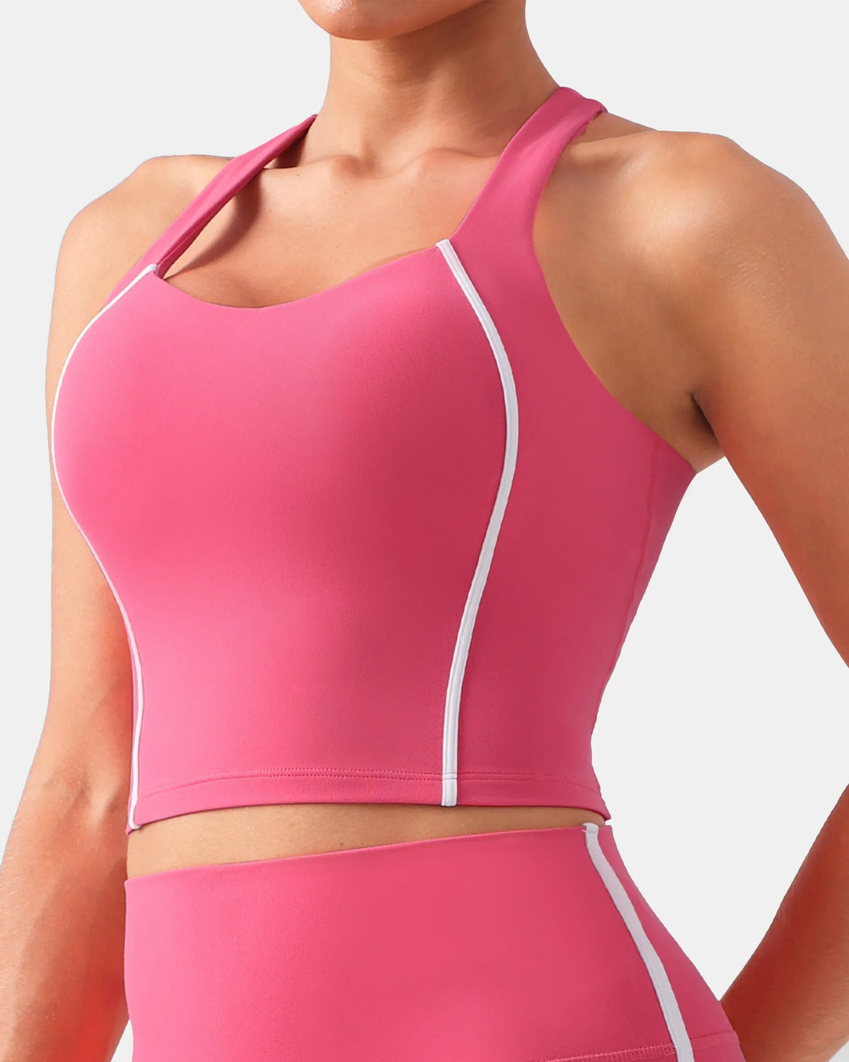 Dreamlux® Cropped Racerback Tank Top w/ Contrast Stripes — Hot Pink