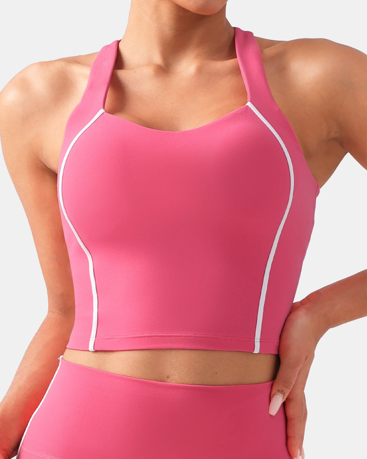 Dreamlux® Cropped Racerback Tank Top w/ Contrast Stripes — Hot Pink