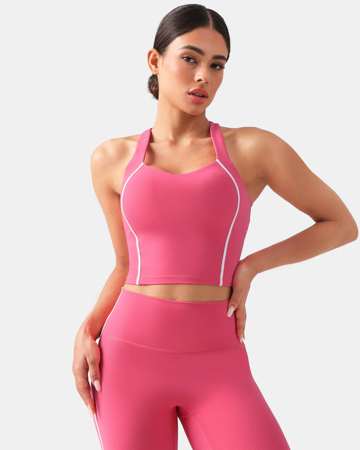 Dreamlux® Cropped Racerback Tank Top w/ Contrast Stripes — Hot Pink