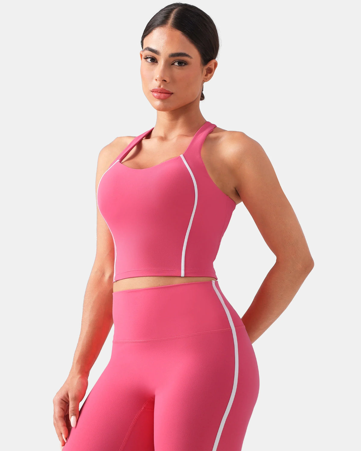 Dreamlux® Cropped Racerback Tank Top w/ Contrast Stripes — Hot Pink