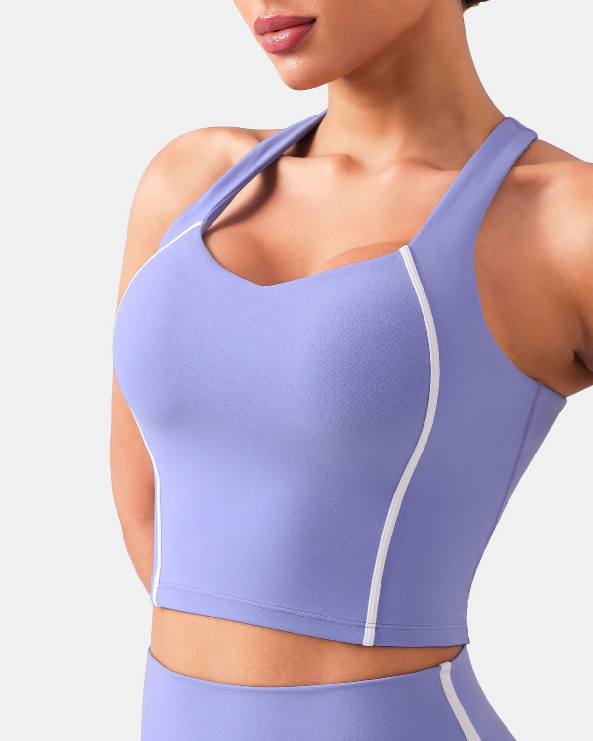Dreamlux® Cropped Racerback Tank Top w/ Contrast Stripes — Jacaranda Purple