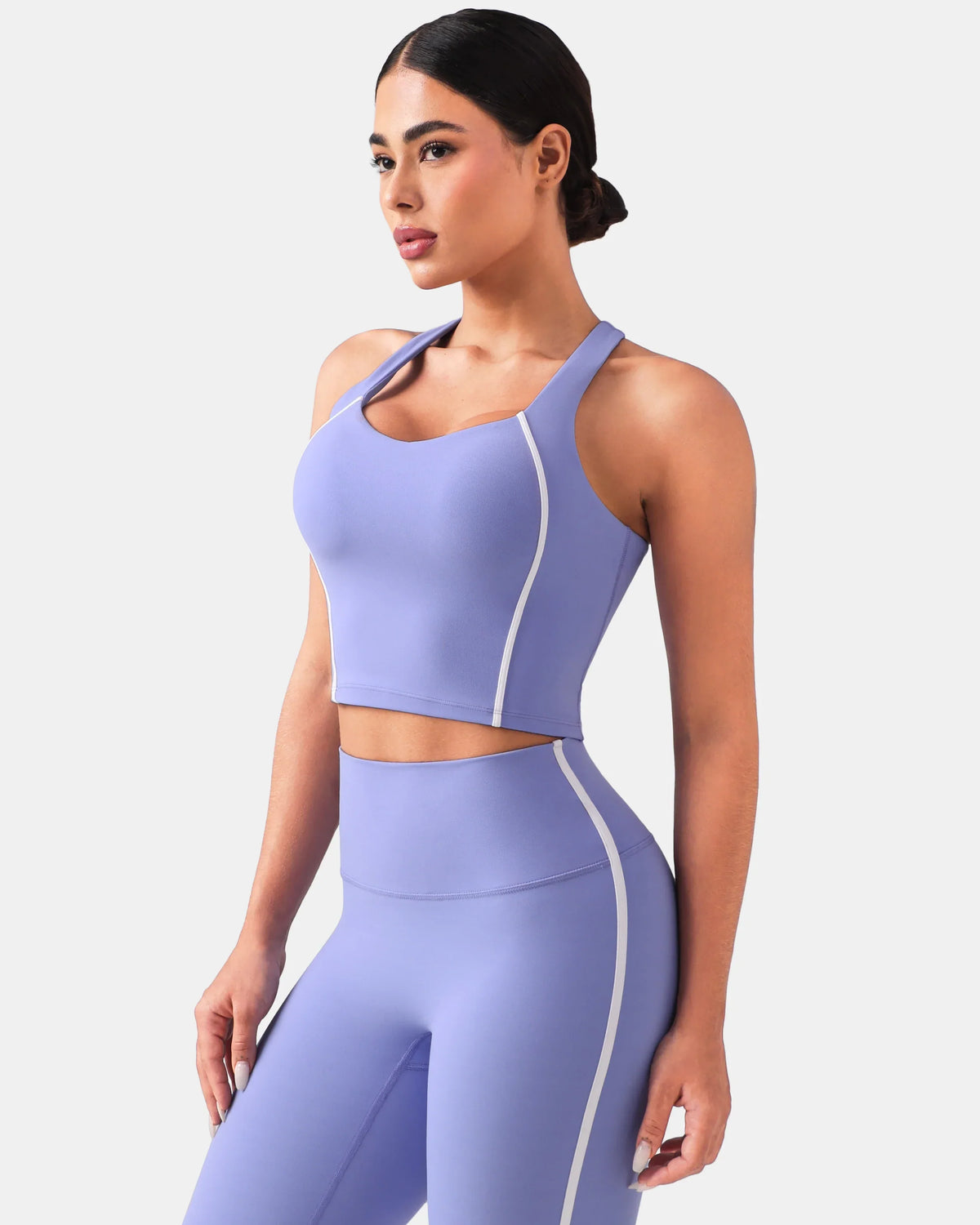 Dreamlux® Cropped Racerback Tank Top w/ Contrast Stripes — Jacaranda Purple