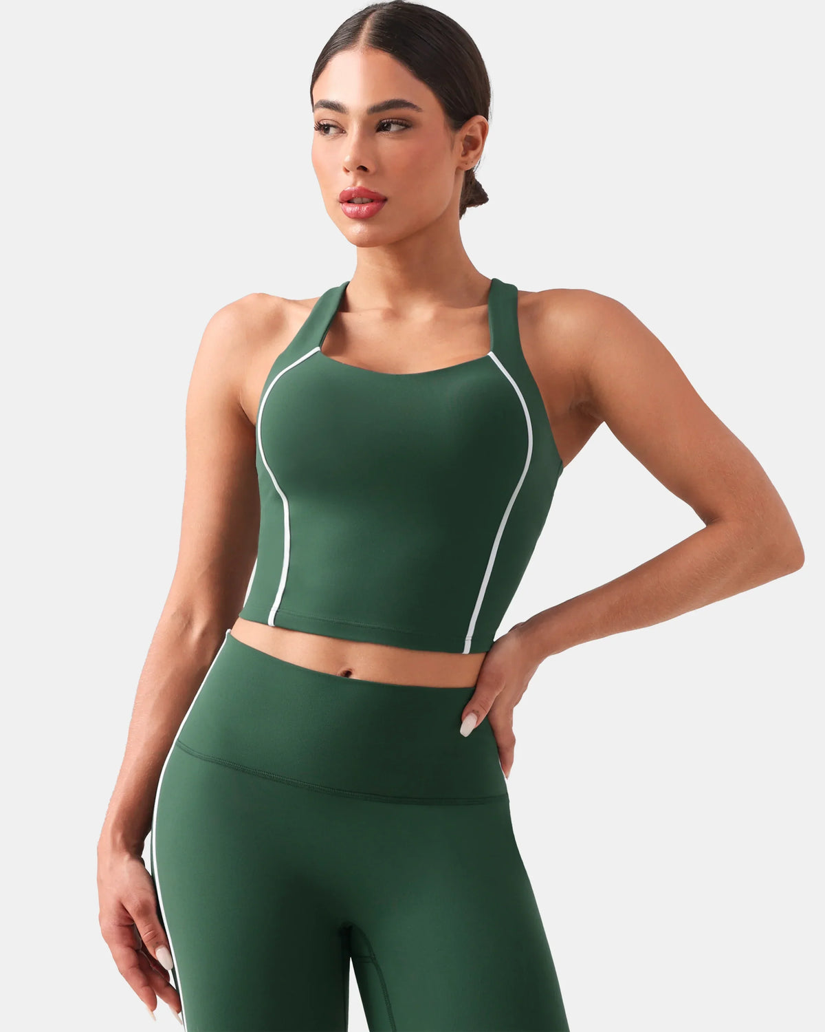 Dreamlux® Cropped Racerback Tank Top w/ Contrast Stripes — Pine Grove