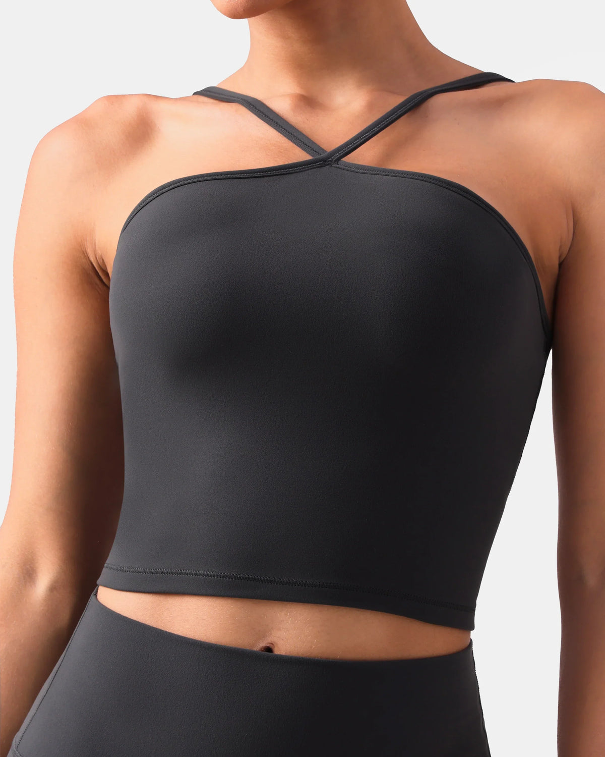 Dreamlux® Cross-Front Halter Top w/ Convertible Straps — Dark Carbon