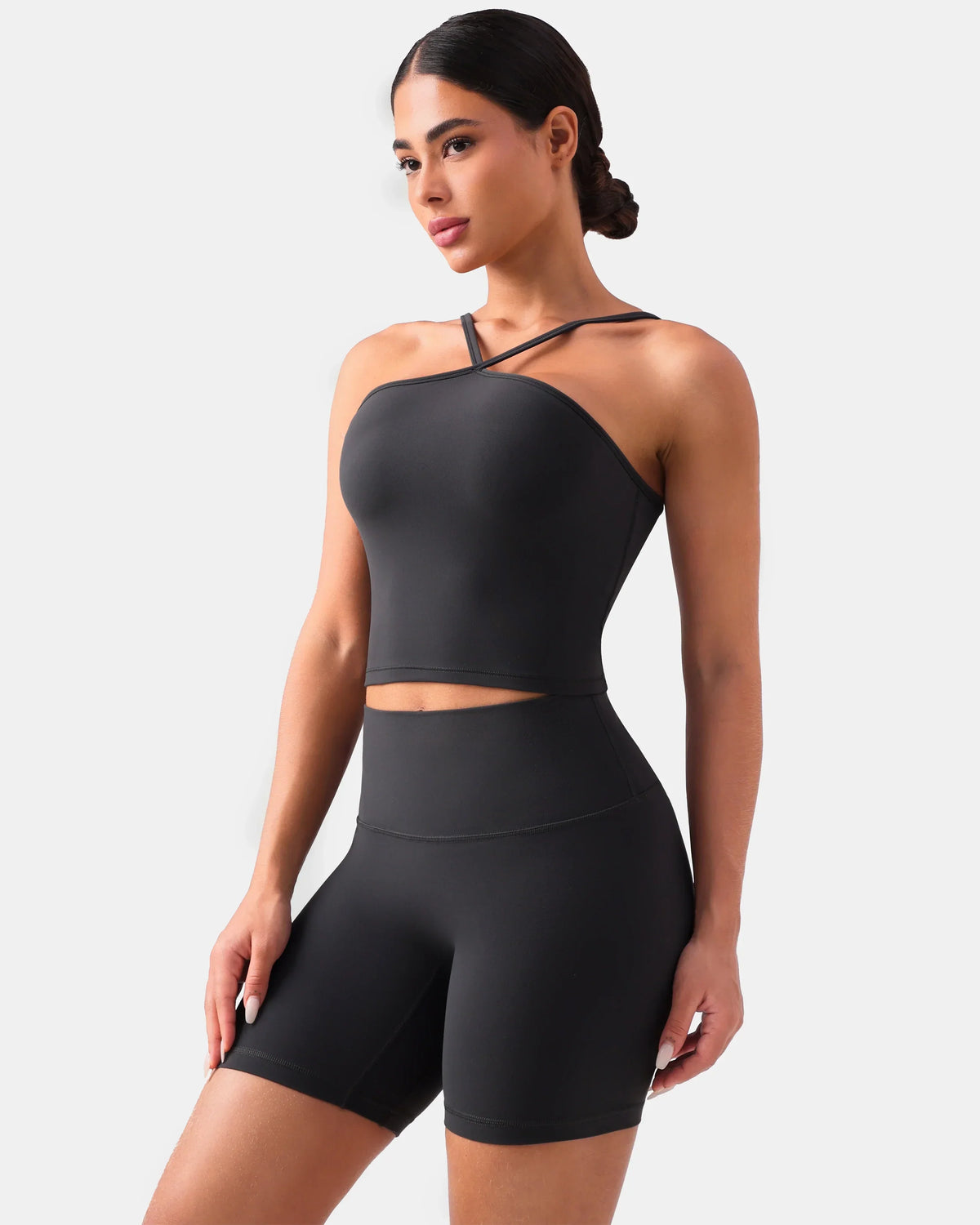 Dreamlux® Cross-Front Halter Top w/ Convertible Straps — Dark Carbon