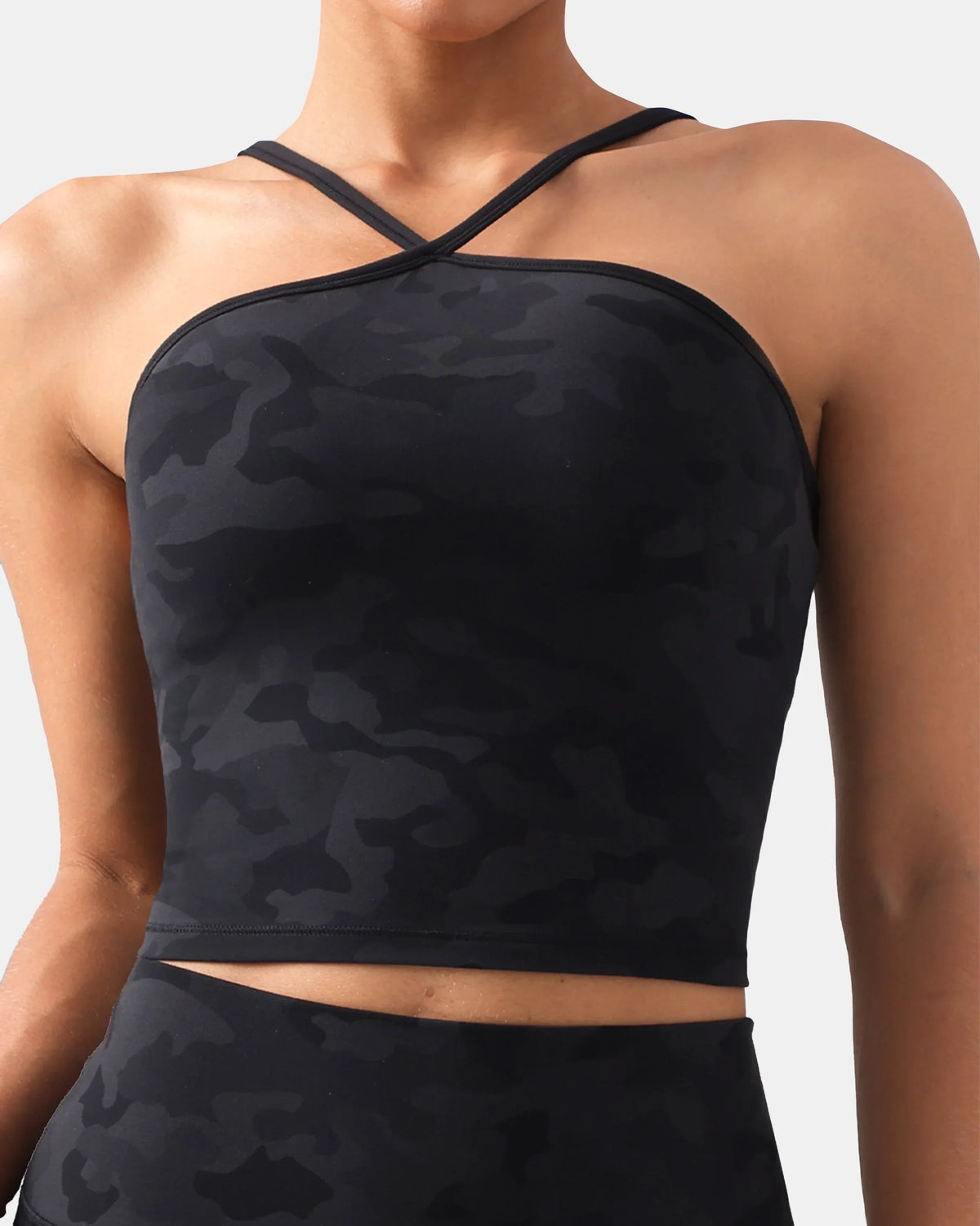 Dreamlux® Cross-Front Halter Top w/ Convertible Straps — Grey Camouflage