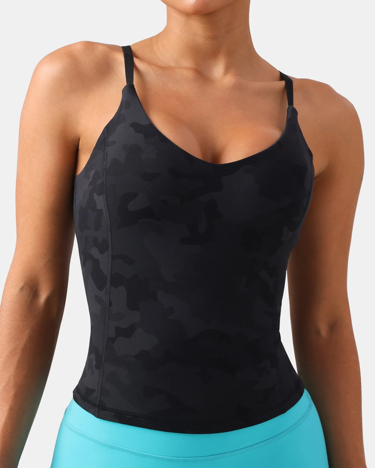 Dreamlux® V-Neck U-Back Cami w/ Adjustable Straps — Grey Camouflage